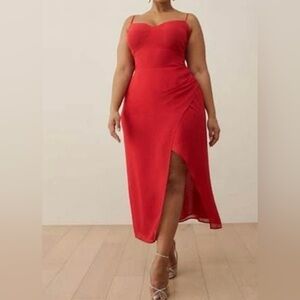 Reformation Red Ruched Midi Dress with Sweetheart Neckline